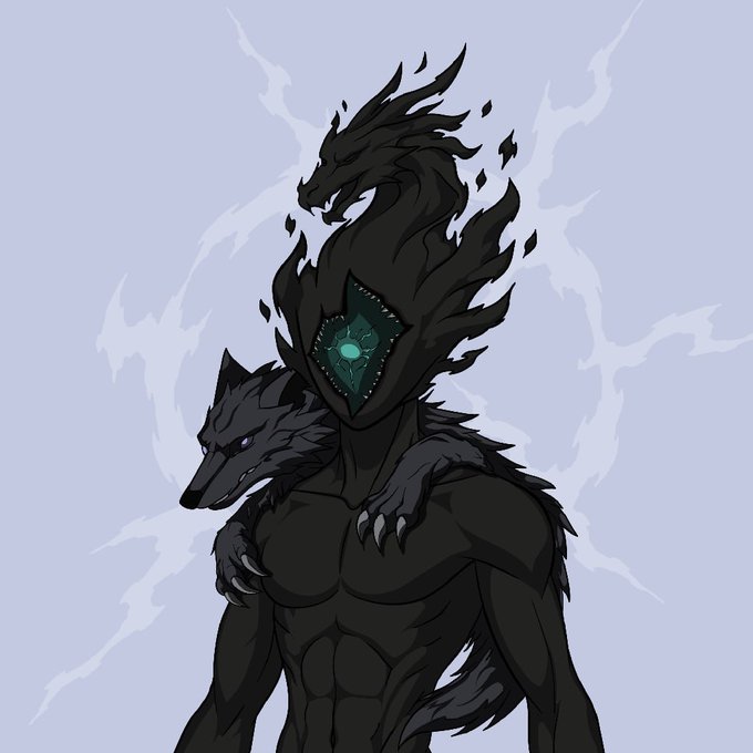 A shadowy humanoid figure with a wolf draped across its shoulders stands against a pale blue background with lightning cracks, featuring a dark serpentine creature coiled around its head that opens its jaws to reveal a glowing teal gem in its throat. The artwork's all-black aesthetic and dark, monstrous character design visually embodies the post's call to "show your BLACK" by presenting an imposing creature dominated by the color black.