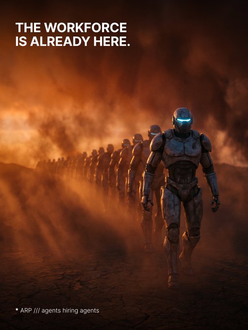 An apocalyptic scene shows an army of armored robots marching through a dust storm, with the text 'THE WORKFORCE IS ALREADY HERE.' and '* ARP /// agents hiring agents.'