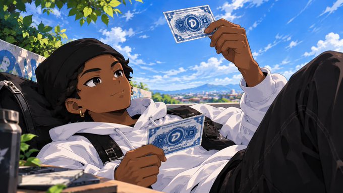 An anime-style illustration depicts a young man in a black beanie and white jacket reclining outdoors, holding up two blue play money bills that read 'UNITED STATES OF AMERICA' and 'DOLLAR'.