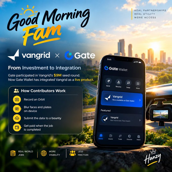 A promotional graphic announces a partnership between Vangrid and Gate, stating 'Gate participated in Vangrid's $9M seed round. Now Gate Wallet has integrated Vangrid as a live product,' showing a phone displaying the Gate Wallet app alongside a dashcam.