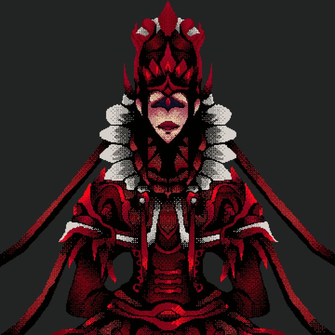A pixel art illustration of a regal figure wearing an elaborate red and white ornate crown and matching armor, with a stylized face and red lips.