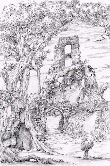 A detailed black and white ink drawing of ancient stone ruins featuring arches, surrounded by trees and a rocky landscape.