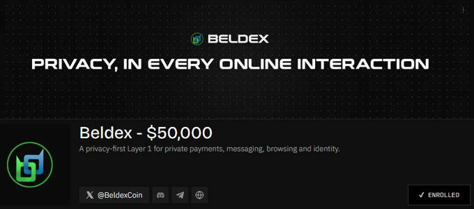 A Beldex promotional banner with a "$50,000" reward offer, highlighting their privacy-first Layer 1 ecosystem for payments, messaging, browsing, and identity.