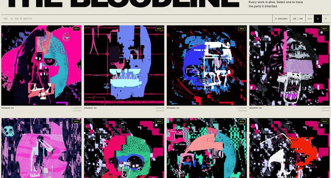 The image displays a website titled "THE DECODELINE" featuring eight glitchy, pixelated digital artworks in vibrant pink, blue, purple, and red tones, each appearing to be sold at $50 with a total supply of 250. The bold, distorted faces and chaotic compositions align with the post promoting the NFT collection at descendantsart.com, available on OpenSea.
