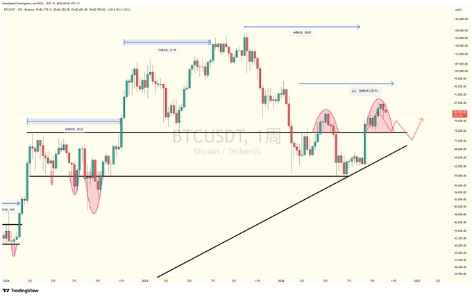 A TradingView candlestick chart of BTCUSDT (Bitcoin/TetherUS) on a 1D timeframe, with annotated wave counts and a diagonal support line.