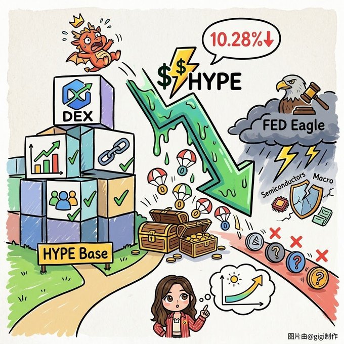 This illustration depicts a significant downtrend labeled "10.28%," with a falling dragon representing "DEX" and "HYPE." The image visually correlates with the post's concern about Hyperliquid's sharp drop, even during broader market pullbacks by showing it falling harder than other elements like "FED Eagle," "Semiconductors," and "Macro."