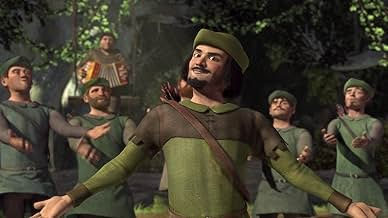 A group of animated 3D characters dressed as Robin Hood and his Merry Men stand in a forest setting, with the central figure—a man in green tunic and feathered cap with a quiver of arrows on his back—appearing to lead the group, one of whom is playing an accordion.