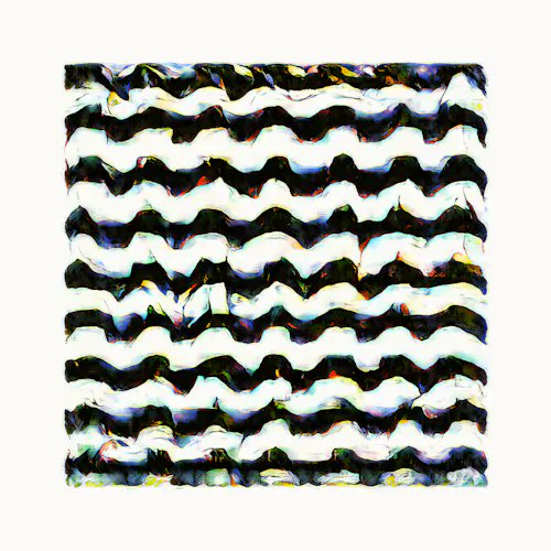 An abstract digital artwork featuring a repeating wavy black and white pattern with colorful glitch-like distortions in red, yellow, and blue tones.