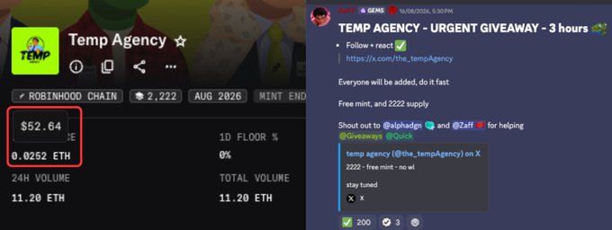 A screenshot shows a Telegram post for "Temp Agency" advertising a free mint, with a live Robinhood Chain floor price of $52.64 (0.0252 ETH) and 11.20 ETH in 24-hour volume, alongside a tweet confirming the 200-wallet giveaway allocation secured by @0xAlphaGEMs and @the_alpha_dgn.
