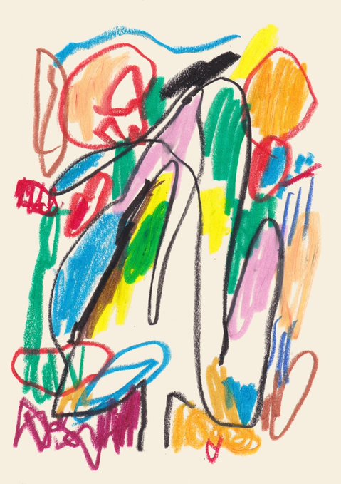 A colorful abstract expressionist drawing with energetic scribbles of various colors including pink, green, blue, yellow, and orange, signed in the lower left corner.