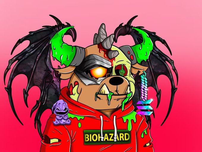 A cartoon illustration of a brown demonic dog-like creature with green slime, horns, wings, a glowing orange eye, and a red hoodie featuring a 'BIOHAZARD' label and a small purple character on the shoulder.