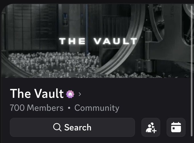 A Discord community page for 'The Vault' showing 700 members with a banner image of an open bank vault filled with coins and a search bar below.
