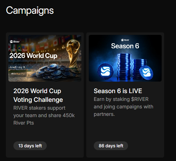 A "Campaigns" dashboard for the $RIVER token shows two active challenges: the "2026 World Cup Voting Challenge" (13 days left) offering 450k River Pts, and "Season 6 is LIVE" (86 days left) for staking $RIVER with partners. The image reflects the post's theme by showing how $RIVER uses gamified campaigns to move beyond mere wealth transfer, building identity and community engagement across the Web3 space.