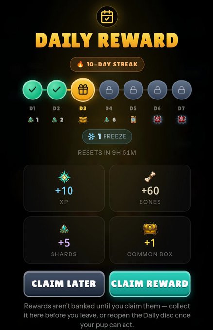 A mobile game daily reward screen showing a '10-DAY STREAK' with Day 3 available to claim, offering '+10 XP', '+60 BONES', '+5 SHARDS', and '+1 COMMON BOX'.