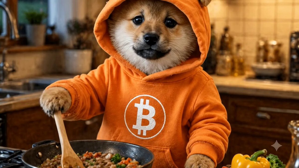 The image features a dog wearing an orange hoodie with a Bitcoin symbol on it, standing next to a frying pan filled with food. The background of the image shows a kitchen setting with various items such as a sink, potted plant, vase, and bowls. The caption for the image reads "Mid-week check. The energy around $DOG is unmatched right now. We aren'... centering on what is in the image and how it relates to the post."