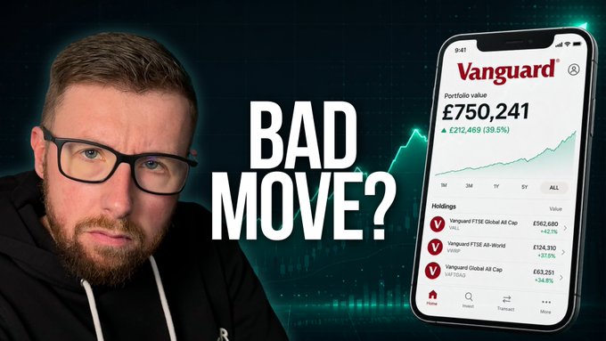 A YouTube thumbnail showing a bearded man with glasses, the text 'BAD MOVE?', and a Vanguard investment app displaying a portfolio value of £750,241 with a 39.5% gain.
