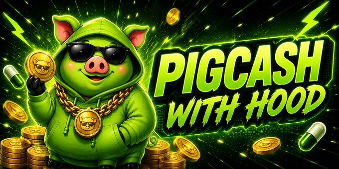 A promotional graphic features a cartoon pig wearing sunglasses and a green hoodie, surrounded by gold coins and lightning bolts, with the text 'PIGCASH WITH HOOD.'
