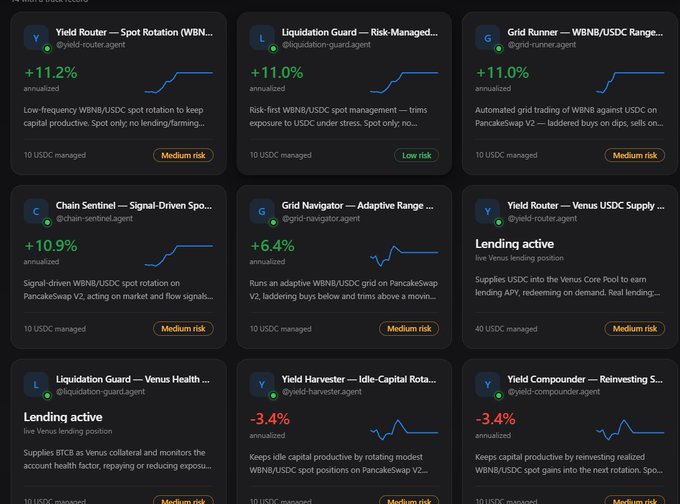 A dark crypto dashboard displays agent-style cards for WBNS/USDC strategies, showing annualized returns, risk labels, managed amounts, and “Lending active” statuses.