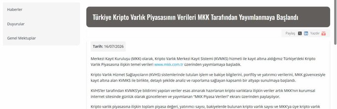 Turkish news article screenshot with the headline 'Türkiye Kripto Varlık Piyasasının Verileri MKK Tarafından Yayımlanmaya Başlandı', dated 16/07/2026, discussing Turkey's crypto asset market data being published by MKK.