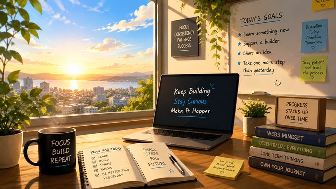 A motivational workspace setup by a window overlooking a sunset cityscape, featuring a laptop displaying 'Keep Building, Stay Curious, Make It Happen,' a 'Focus Build Repeat' coffee mug, sticky notes with goals, and stacks of self-improvement books.