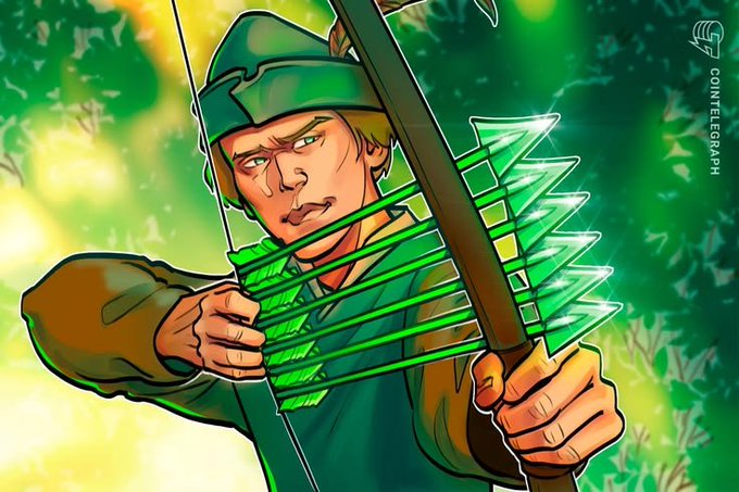 A Cointelegraph illustration depicting Robin Hood in green attire drawing a bow with green glowing arrows, set against a forest background.