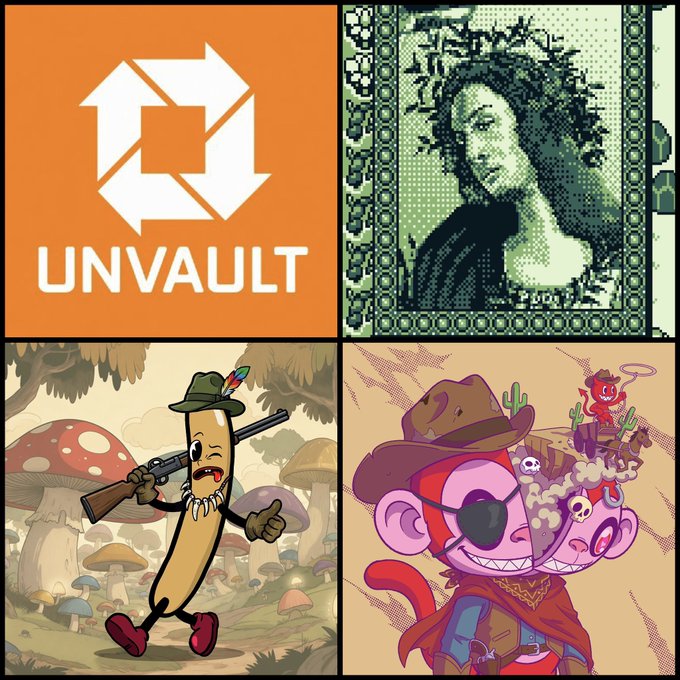 A four-panel graphic featuring the orange 'UNVAULT' logo, a pixelated portrait of a person, an anthropomorphic banana character with a rifle and feathered hat, and two cartoon monkey characters in western-style outfits.