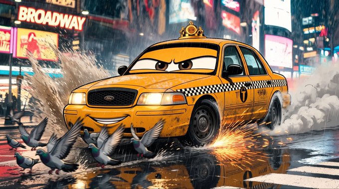 An AI-generated image of an anthropomorphic, aggressive yellow taxi cab with a crown on its roof, splashing through water in a city setting with a 'BROADWAY' sign in the background.