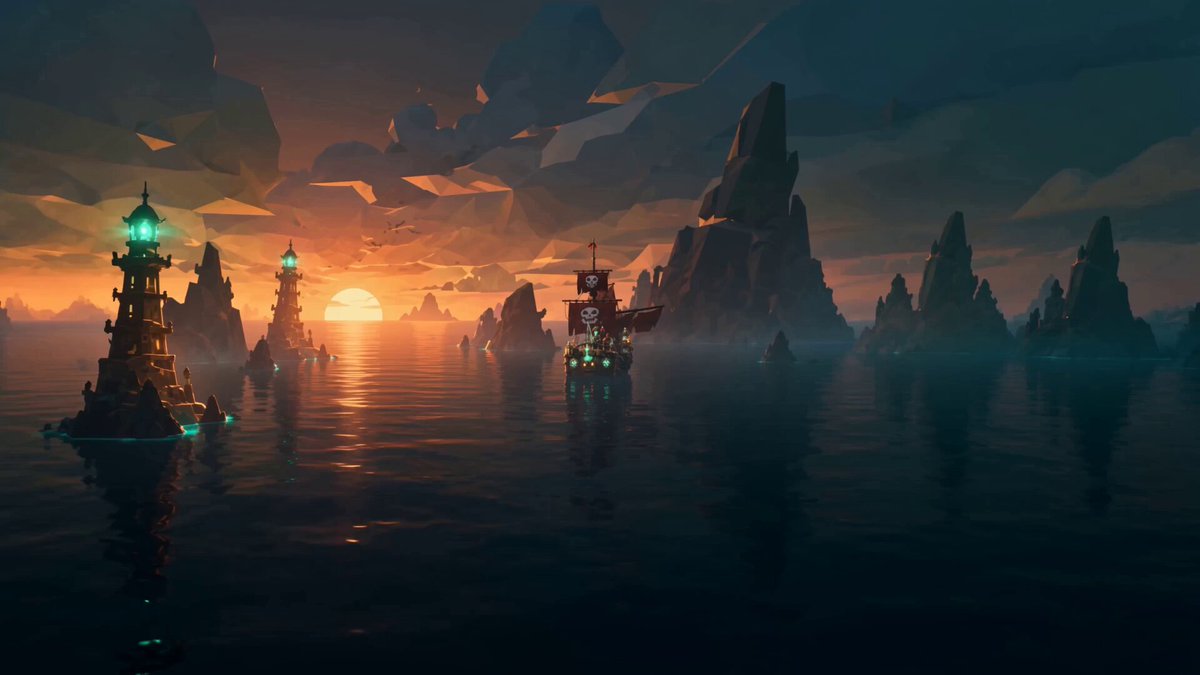 The image features a beautiful sunset over a body of water with several islands and boats floating around. The sky is filled with warm hues from the setting sun, creating a serene atmosphere. In the foreground, there are two ships sailing on the water - one large ship in the middle and another smaller boat closer to the right side of the image. The text "To get your hands on some unique Seas Of Spark ships, make sure to have some $SPARK And, get ready to have some fun!" is written above the ships, likely indicating a sale or promotion for these ships.