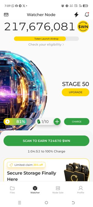 A mobile app screen for a 'Watcher Node' showing a balance of 217,676,081 SWN tokens, 'Token Launch Airdrop' button, 'STAGE 50 UPGRADE' status, and a 'SCAN TO EARN' button.