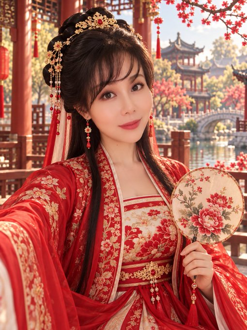 A woman in an ornate red traditional Chinese hanfu with gold embroidery holds a floral fan in front of a classical garden setting.