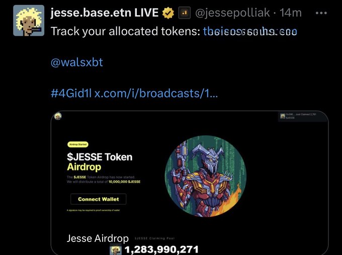 The image shows a tweet from @jessepollak announcing a "$JESSE Token Airdrop" with 10,000,000 $JESSE to be distributed, featuring a mecha-style character graphic, a "Connect Wallet" button, and a claiming pool total of 1,283,990,271—visually supporting the accompanying post celebrating receiving the $JESSE airdrop.