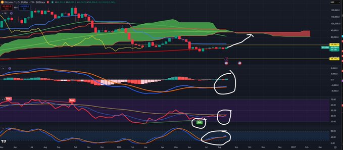 This Bitcoin weekly chart shows BTC/USD hovering near the $112,000-$116,000 range with price action consolidating within the Ichimoku cloud, alongside momentum indicators in the lower panels highlighting potential bullish divergence patterns circled in white. The image directly relates to the post by illustrating the speaker's hesitation to buy, as the technical setup shows price pushing toward higher levels near the upper boundary of the Ichimoku cloud, suggesting they expect to be "buying higher prices then" later in the year.