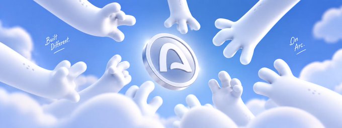 A 3D-rendered advertisement showing white, cloud-like hands reaching toward a central silver coin with a stylized 'A' logo, accompanied by the text 'Built Different.' and 'On Arc.'