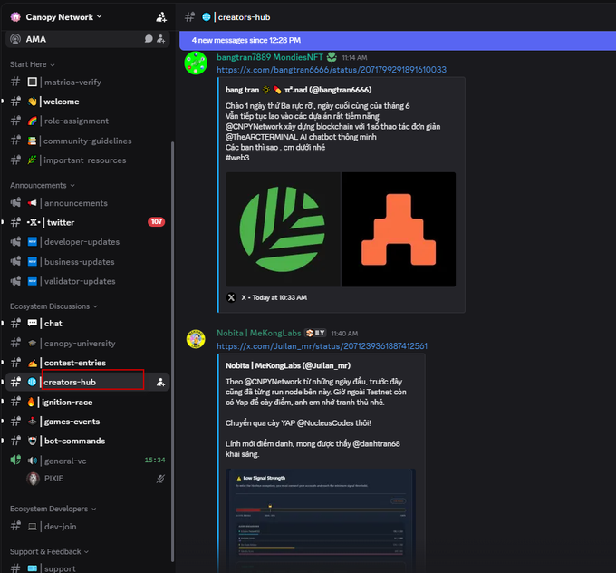 A Discord screenshot from the Canopy Network's #creators-hub channel showing posts about Node NFT and YAP testnet campaigns with links to X/Twitter.