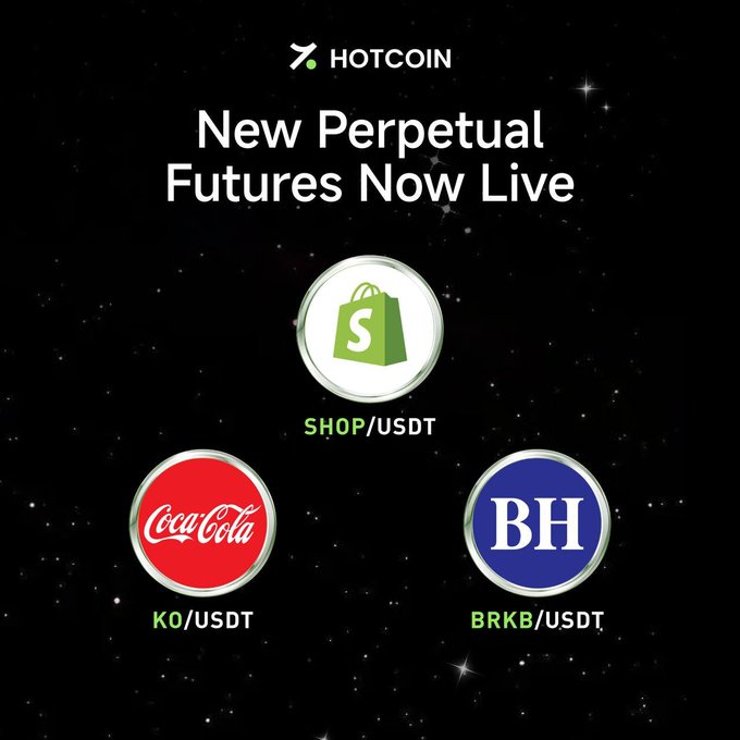A promotional graphic for HotCoin announcing new perpetual futures, featuring the SHOP/USDT, KO/USDT (Coca-Cola logo), and BRKB/USDT trading pairs against a starry background.