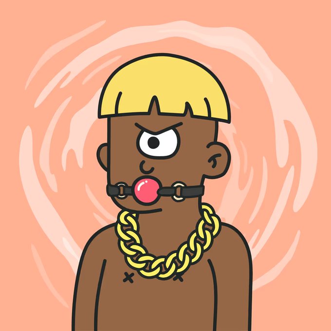 A cartoon illustration depicts a stylized character with a single cyclops eye, a yellow bowl cut, a ball gag in their mouth, and a gold chain necklace, set against a swirling peach background. The crude, simplistic art style reinforces the post's complaint about the ugly artwork, questioning why the NFT floor price remains at 0.006 ETH despite its unappealing design.