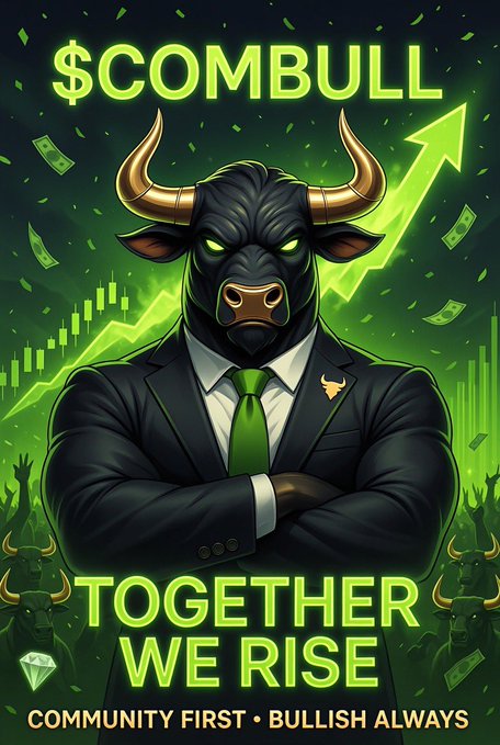 A promotional poster for '$COMBULL' featuring an anthropomorphic bull in a suit with a green tie, surrounded by dollar bills, with the text 'TOGETHER WE RISE' and 'COMMUNITY FIRST • BULLISH ALWAYS'.
