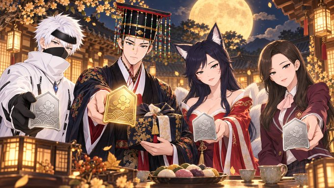 An anime-style illustration of four characters in traditional Asian attire under a full moon with cherry blossoms, with three of them holding decorative cards or envelopes, set in a festive nighttime scene.