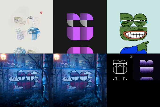 A collage displays various logo designs including a 3D abstract shape, a crying Pepe frog, and a storefront illustration.