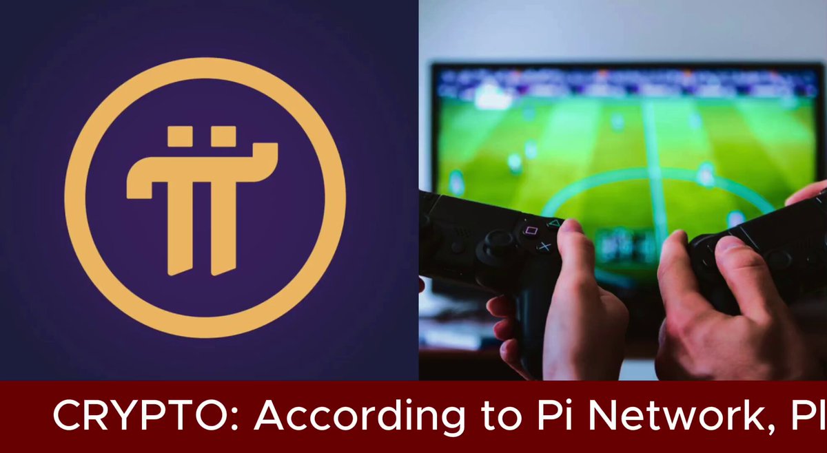 The image features two photos side by side with the text "Crypto: According to Pi Network, Pl." The first photo shows a person holding a video game controller while playing a game, and the second photo displays a TV screen showing a soccer match being played on a field.