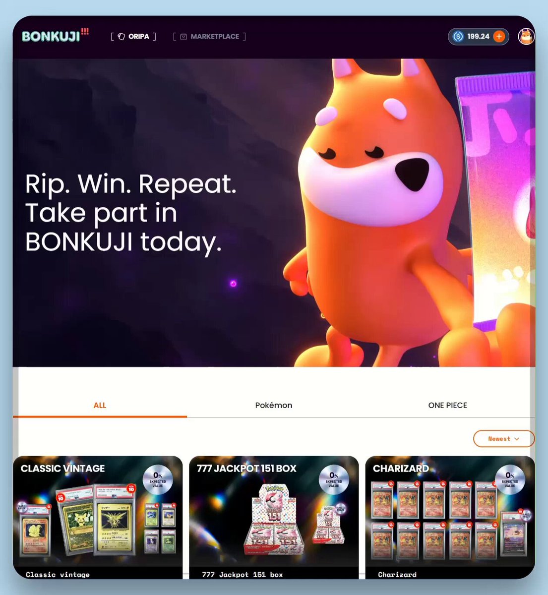 The image features a screenshot of a website dedicated to Pokemon trading cards, with various packs displayed at different levels of completion, including "Complete" sets (74), "Halfies", "Jacks", "Ducks", "Charmander", and "Pikachu". The post is about how Bonkuji can be used for playing Pokemon games, where the user gets points or $30 if they successfully trade their existing packs to obtain new ones. It suggests that this could be a fun and easy way of earning some money from the hobby, in just minutes by trading cards or playing games on the website.