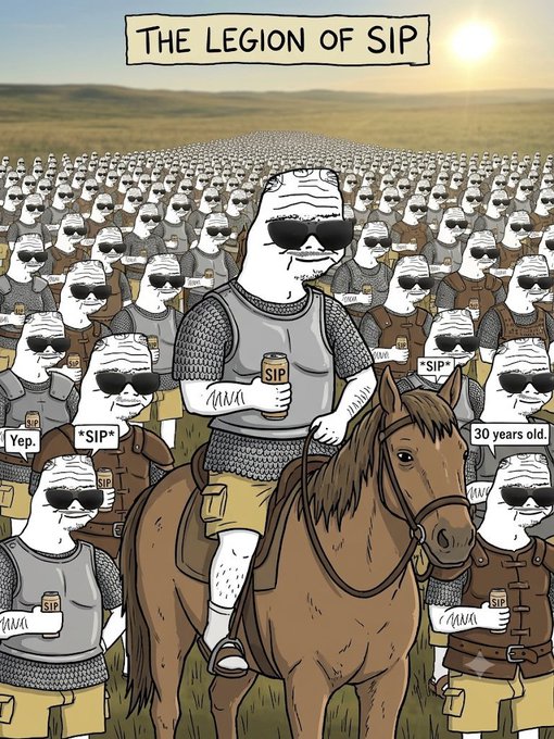 The image is a humorous illustration titled "The Legion of Sip," depicting a vast army of identical sunglasses-wearing warriors on horseback and foot, all carrying cans labeled "SIP," with one rider commenting "Yep," another saying "*SIP*," and a third noting "30 years old." The cartoon playfully relates to the post's crypto reference to $UNC, portraying the token's holders as an unstoppable army ready to "take over the world."