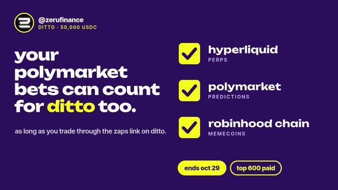 A dark purple ad for “@zerufinance” and “DITTO · 50,000 USDC” reads “your polymarket bets can count for ditto too,” with checkmarks for “hyperliquid PERPS,” “polymarket PREDICTIONS,” and “robinhood chain MEMECOINS,” plus “ends oct 29” and “top 600 paid.”