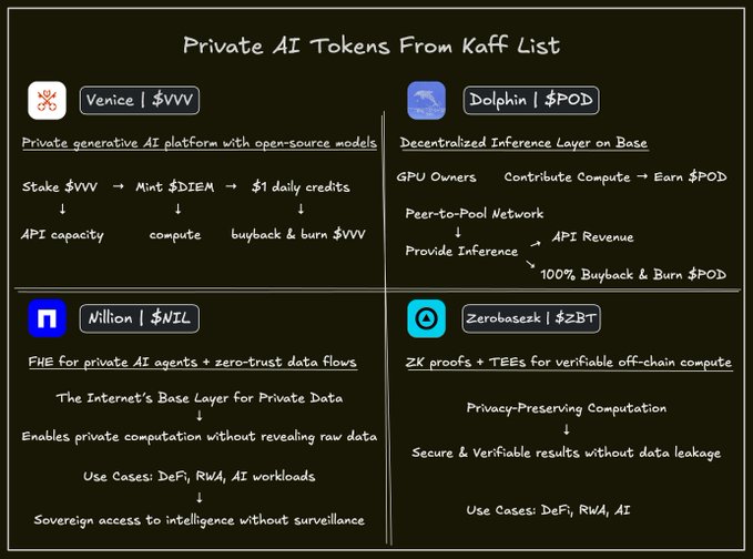 The image shows a black background with four columns of text detailing different private AI token projects. The first column lists the names of these projects along with their respective costs. The second column provides information about each project's privacy-first AI inference capabilities, while the third and fourth columns detail how these projects deliver uncensored, privacy-first AI inference onchain without centralized log files or filters.