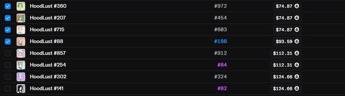 A dark-themed list of HoodLust NFT listings with prices ranging from $74.87 to $124.66, with items #972, #207, and #715 selected (checked) and shown in blue.
