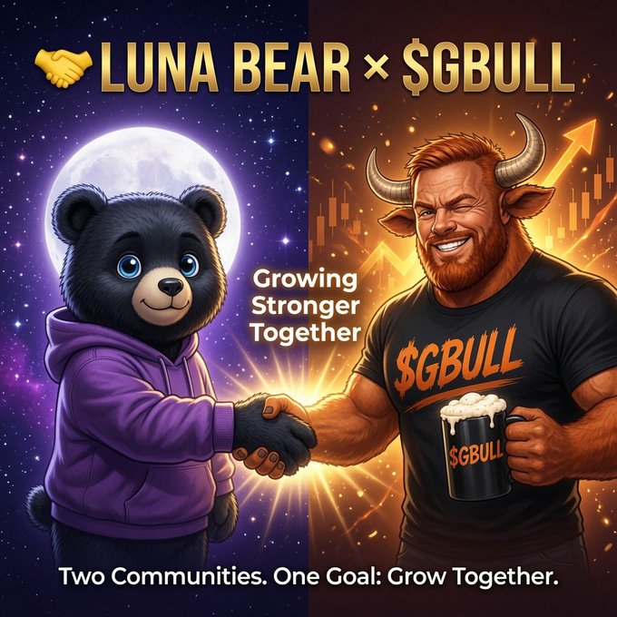 A promotional graphic shows a cartoon bear in a purple hoodie and a muscular bull character shaking hands, with text reading 'LUNA BEAR x $GBULL', 'Growing Stronger Together', and 'Two Communities. One Goal: Grow Together.'