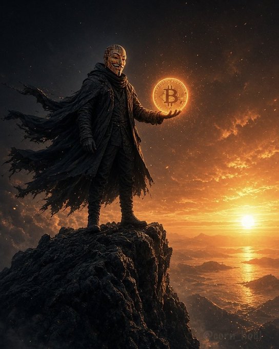 A masked figure in tattered dark robes standing on a rocky peak at sunset, holding a glowing Bitcoin coin.