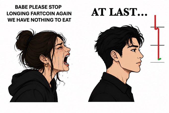 A meme depicting a crying woman shouting "BABE PLEASE STOP LONGING FARTCOIN AGAIN WE HAVE NOTHING TO EAT" while the man calmly looks at a Fartcoin price chart showing a small green recovery, captioned "AT LAST...", humorously suggesting the meme's creator sees Fartcoin finally showing signs of strength after enduring their partner's losses.