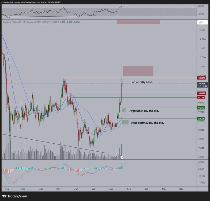 A TradingView daily chart for Chainlink (LINK/USDT) on Binance, dated August 20, 2025, showing price at $10.557 with a recent rally toward the "End of rally zone" near $10.87, and key buy-the-dip zones marked at $9.226 (aggressive) and $8.624 (most optimal), alongside targets extending toward $14.