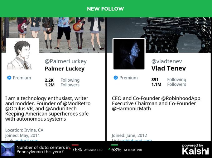 A notification banner displaying "NEW FOLLOW" shows Palmer Luckey (@PalmerLuckey, 1.2M followers) has started following Vlad Tenev (@vladtenev, 1.1M followers), the CEO and Co-Founder of Robinhood, with a Kalshi prediction market ticker at the bottom asking about the number of data centers in Pennsylvania.